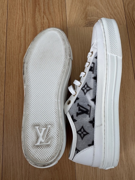 Louis Vuitton White & Gray Monogram Canvas Sneakers with Gold Eyelets - Picture 3 of 5